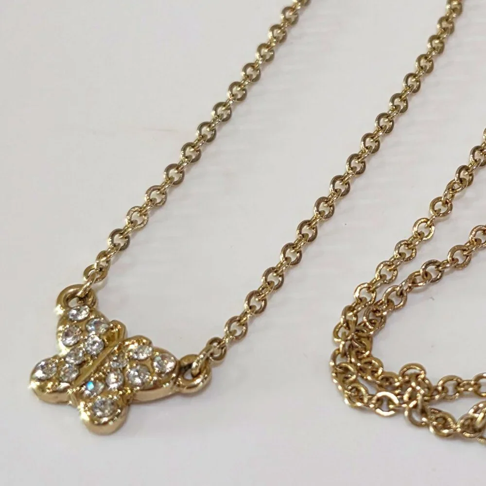 Gold Butterfly Pave Rhinestone Small Gold Chain Pendant Necklace Dainty Small - Picture 6 of 10